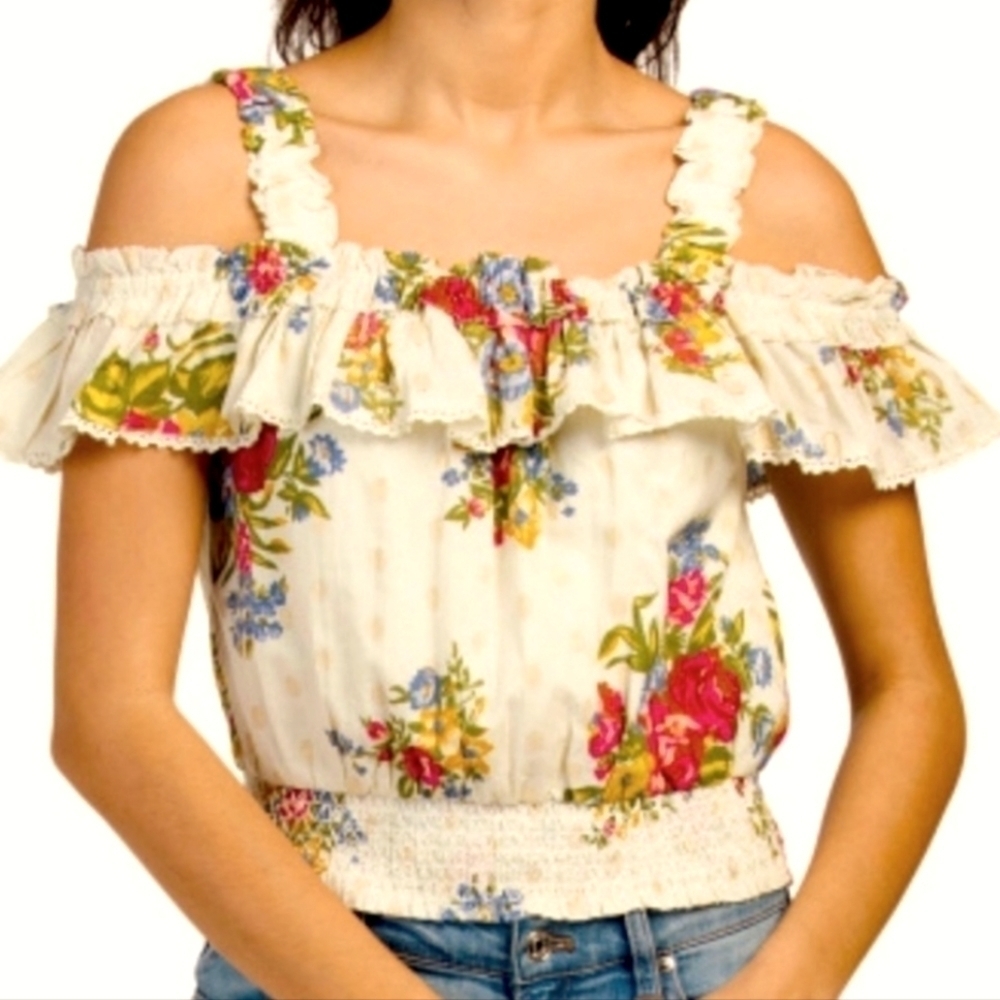 NEW! HOUSE OF HARLOW 1960 Helena Floral Off the Shoulder Smocked Top Small.
